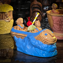 Load image into Gallery viewer, Thor's "Tiki Bob Sled" Tiki Mug, a TikiLand theme park ride vehicle, with Signed Matted Art Print, and Signed COA - Limited Edition of 350 - Ready to Ship (FREE SHIPPING in U.S.)