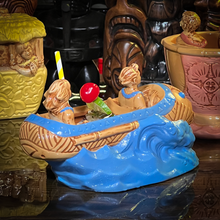 Load image into Gallery viewer, Thor&#39;s &quot;Tiki Bob Sled&quot; Tiki Mug, a TikiLand theme park ride vehicle, with Signed Matted Art Print, and Signed COA - Limited Edition of 350 - Ready to Ship (FREE SHIPPING in U.S.)
