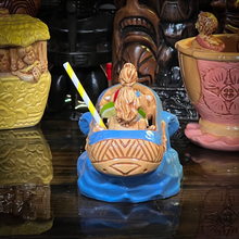Load image into Gallery viewer, Thor&#39;s &quot;Tiki Bob Sled&quot; Tiki Mug, a TikiLand theme park ride vehicle, with Signed Matted Art Print, and Signed COA - Limited Edition of 350 - Ready to Ship (FREE SHIPPING in U.S.)
