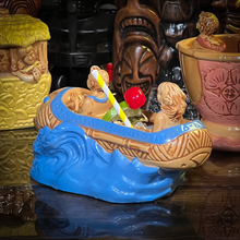 Load image into Gallery viewer, Thor&#39;s &quot;Tiki Bob Sled&quot; Tiki Mug, a TikiLand theme park ride vehicle, with Signed Matted Art Print, and Signed COA - Limited Edition of 350 - Ready to Ship (FREE SHIPPING in U.S.)

