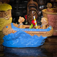 Load image into Gallery viewer, Thor&#39;s &quot;Tiki Bob Sled&quot; Tiki Mug, a TikiLand theme park ride vehicle, with Signed Matted Art Print, and Signed COA - Limited Edition of 350 - Ready to Ship (FREE SHIPPING in U.S.)
