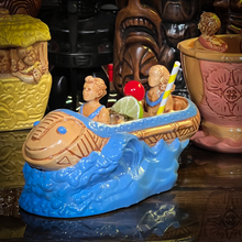 Load image into Gallery viewer, Thor&#39;s &quot;Tiki Bob Sled&quot; Tiki Mug, a TikiLand theme park ride vehicle, with Signed Matted Art Print, and Signed COA - Limited Edition of 350 - Ready to Ship (FREE SHIPPING in U.S.)
